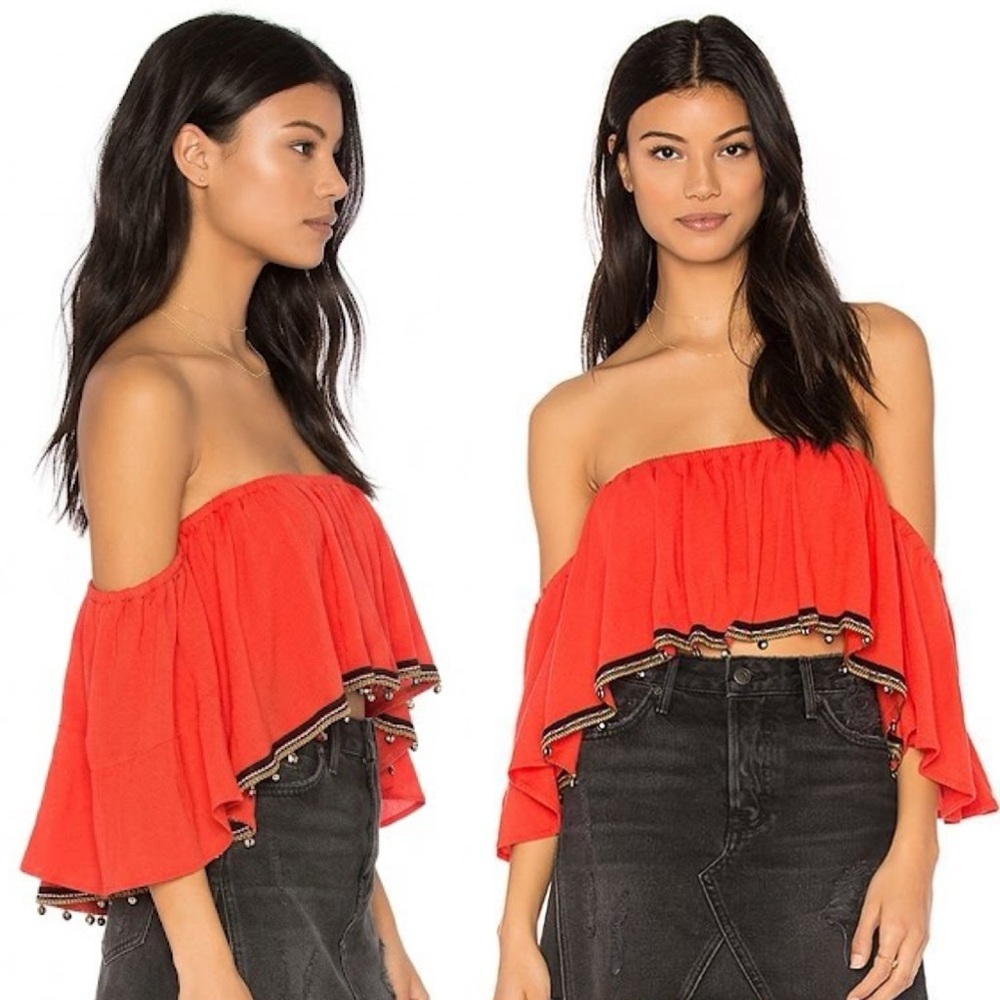 NEW PITUSA SALSA RED OFF TGE SHOULDER FLOUNCE BOHO EMBROIDERED BEADED CROP TOP